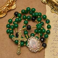 Smooth Green Tiger Eye Rosary with Crucifix & Holy Miraculous Medal