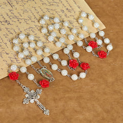 Graceful White and Red Rose Beads Rosary with Blessing Crucifix & Our Lady
