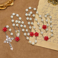 Graceful White and Red Rose Beads Rosary with Blessing Crucifix & Our Lady