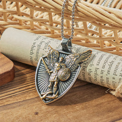 Vintage Shield St. Michael the Archangel Stainless Steel Pendant Necklace