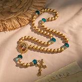 Elegant Matte Golden Pearl Rosary with St. Therese and Crucifix