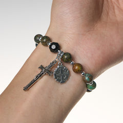 Earthy Spiritual Rosary-Inspired Bracelets with Crucifix and Jerusalem Cross