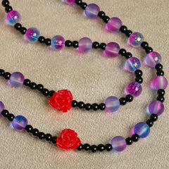Mystical Frosted Purple-Blue Beads Rosary with Red Roses & Miraculous Medal Blessing