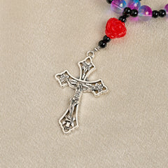 Mystical Frosted Purple-Blue Beads Rosary with Red Roses & Miraculous Medal Blessing