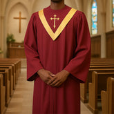 Traditional Burgundy Clergy Robe with Gold Cross & V Neck Trim