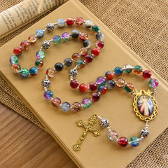 Gradient Multicolor Glass Bead & Brass Crucifix Rosary with Divine Mercy Medal