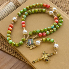 Handcrafted Christmas Blessings Divine Mercy Rosary with Red Green Beads and Bronze Crucifix