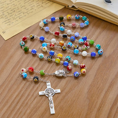 Multicolored Vibrant Flower Pattern Murano Beads Rosary with Madonna and Child
