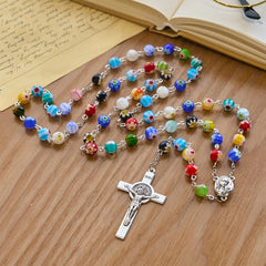 Multicolored Vibrant Flower Pattern Murano Beads Rosary with Madonna and Child