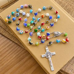 Multicolored Vibrant Flower Pattern Murano Beads Rosary with Madonna and Child