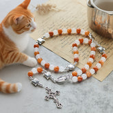 Orange & White Quartz with Cat Face Stainless Steel Charms of Orange Tabby Animal Rosary