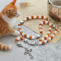 Orange & White Quartz with Cat Face Stainless Steel Charms of Orange Tabby Animal Rosary