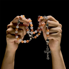 Orange & White Quartz with Cat Face Stainless Steel Charms of Orange Tabby Animal Rosary