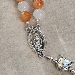 Orange & White Quartz with Cat Face Stainless Steel Charms of Orange Tabby Animal Rosary