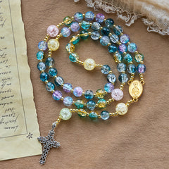 Miraculous Medal & Celtic Cross of 8 mm Round Multicolor Glass Alloy Chain Rosary