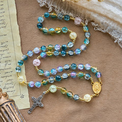 Miraculous Medal & Celtic Cross of 8 mm Round Multicolor Glass Alloy Chain Rosary