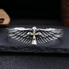 Vintage Two - Tone Silver Wing Cross Ornament Bracelet: A Cherished Symbol of Spiritual Connection