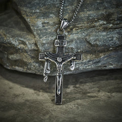 Sacred Strength Crucifix Pendant Necklace with Carved and INRI Cross Designs