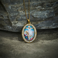 Vintage Style Oval Crucifix Scene Pendant Necklace with Sparkling Frame