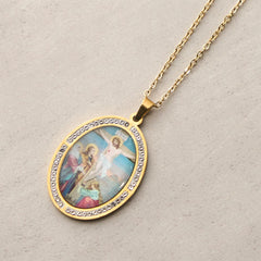 Vintage Style Oval Crucifix Scene Pendant Necklace with Sparkling Frame
