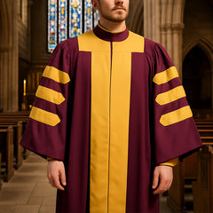 Majestic Burgundy Clergy Robe with Gold-Panel Front and Sleeve Bars