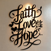 Faith Love Hope Script Metal Wall Decor with Heart & Leaf Accents