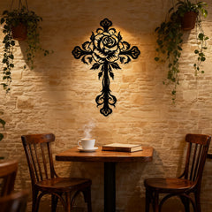 Artistic Floral Rose Cross Black Metal Wall Decor