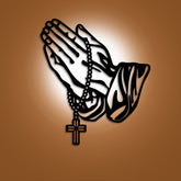 Classic Praying Hands with Rosary Cross Black Metal Wall Decor