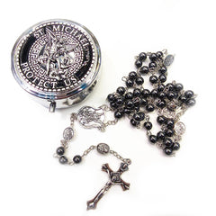 Catholic Black Obsidian Rosary Necklace – Angel Medal with Gift Box