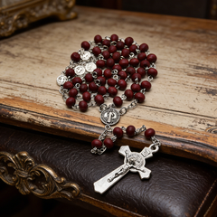 St. Benedict Wooden Rosary Necklace – Handcrafted Pine Beads with Cross