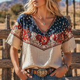 Women's Vintage American Flag Floral Patchwork Print Casual V-Neck 3/4 Sleeve