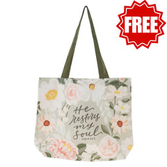 He Restores My Soul Green Floral Garden Tote Bag - Psalm 23:3
