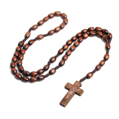 Wooden Catholic Rosary Necklace with Engraved Crucifix