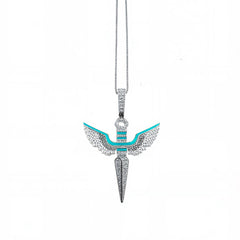 Sterling Silver Angel Wings Cross Pendant with Moissanite & Enamel Accents