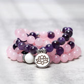 Faith Nova Natural Rose Quartz & Amethyst Mala Bead Lotus Pendant Bracelet