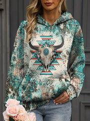 Women's Vintage Western Print Drop Shoulder Hoodie with Pocket – Soft, Cozy, Relaxed Fit Pullover
