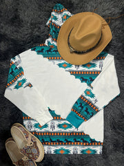 Women's Vintage Geometric Print Hoodie with Kangaroo Pocket, Drawstring, and Long Sleeves – Casual All-Season Wear