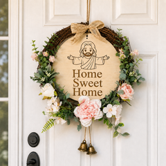 Home Sweet Home, Jesus Welcome Door Sign with Greenery Wreath – Farmhouse Front Door Decor for Indoor & Outdoor Home, Housewarming Gift with Bonus Damage-Free Hook