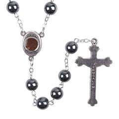 Madonna and Child & Crucifix of 8 mm Round Black Hematite Alloy Chain Rosary