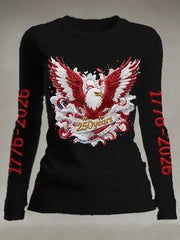 Women's casual long-sleeved T-shirt with 250th anniversary national flag and floral print.