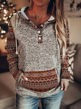 Women's Vintage Ethnic Hoodie with Geometric Print and Kangaroo Pocket