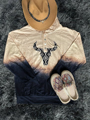 Women's Aztec Cow Head Hoodie with Drawstring and Long Sleeves