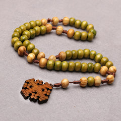 Two-Tone Wooden Catholic Rosary Necklace with Carved Cross