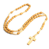 Light Wood Catholic Rosary Necklace with Engraved Crucifix