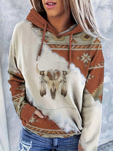 Vintage Cow Head Print Kangaroo Pocket Hoodie, Women's Drawstring Pullover Sweatshirt with Unique Design