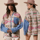 2026 NEW Women’s Southwestern Aztec Denim Sleeve Shacket