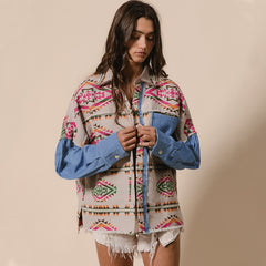 2026 NEW Women’s Southwestern Aztec Denim Sleeve Shacket