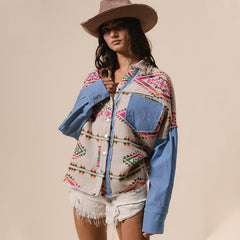 2026 NEW Women’s Southwestern Aztec Denim Sleeve Shacket