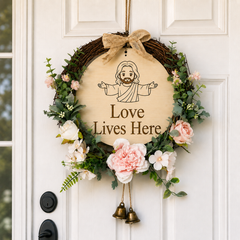 Love Lives Here, Jesus Welcome Door Sign with Greenery Wreath – Farmhouse Front Door Decor for Indoor & Outdoor Home, Housewarming Gift with Bonus Damage-Free Hook