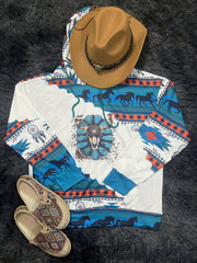 Women's Bull Skull Print Hoodie with Kangaroo Pocket, Long Sleeve & Drawstring – Casual Style for Everyday Wear